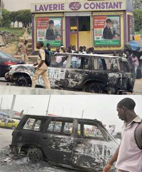 Deux véhicules de l`Onu incendiés à Abidjan