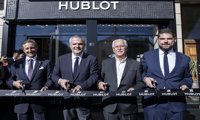 De gauche à droite : Massimo Baggi, ambassadeur de la Suisse au Maroc, Ricardo Guadalupe, CEO de Hublot, Kamal Sefrioui, Chairman et CEO de Mystère et David Tedeschi, directeur régional de Hublot. Ph. DR