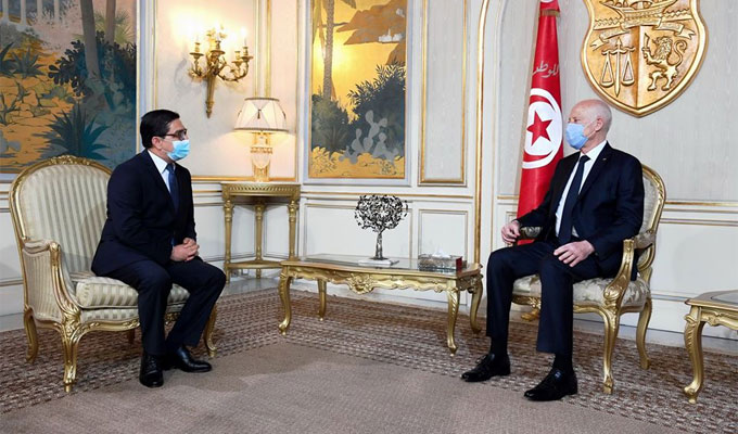 Nasser Bourita, porteur d’un message verbal de S.M. le Roi, reçu à Tunis par le Président Kaïs Saïed